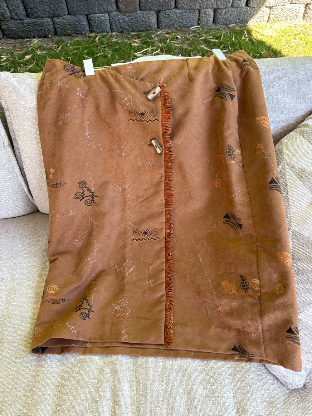 Vintage Brown Microsuede Wrap Skirt with Fringe Detail